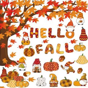 114 Pcs Fall Bulletin Board Decorations Set Thanksgiving Autumn Cutouts Classroom Tree Decor Happy Fall Pumpkin Gnome Paper Cutting with 200 Glue for School Home Window Halloween Party Supplies