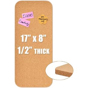 17x8" Cork Board Tiles Bulletin Board, 1/2" Thick Self-Adhesive Cork Boards for Walls, Cork Tiles Vision Board with Rounded Corners for Home Office School, Bulletin Board Decor(12mm,R,1p)