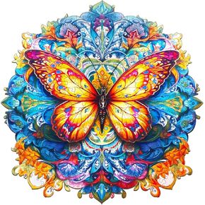 WOODBESTS Wooden Puzzle for Adults, Mandala Butterfly Puzzle (L, 300pcs, 13.9"x13.8") Beautiful Wooden Box, Wooden Jigsaw Puzzles Unique Shape, Birthday Gifts for Adults and Kids Family Game
