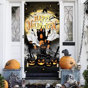 Avezano Halloween Door Decorations Happy Halloween Door Cover Haunted House Scary Cemetery Halloween Door Banner Sign Halloween Decorations Indoor Outdoor (Black)