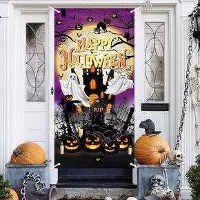 Avezano Halloween Door Decorations Happy Halloween Door Cover Haunted House Scary Cemetery Halloween Door Banner Sign Halloween Decorations Indoor Outdoor (Black)
