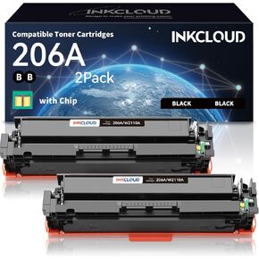 INKCLOUD 206A BlackToner Cartridges 2 Pack with Chip Compatible with HP 206A W2110A 206X W2110X Black Toner for HP Pro MFP M283FDW M255DW M283CDW M283 M255 Black Printer Ink (2-Pack, Black)