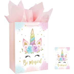 13" Large Unicorns Gift Bag for Birthday Baby Shower Baby Girl Gift Bag with Card and Tissue Papers Watercolor Design