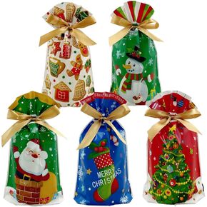 VIFOME 25 Pcs Christmas Favor Bags Santa Gift Bags Colorful Xmas Treat Bags Plastic Drawstring Bags Candy Goodies Bags Gift Wrapping Bags Christmas Party Decoration