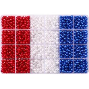 1200 Pcs 6mm Red White Blue Plastic Beads Patriotic Pearl Beads Small Round 4th of July Beads Independence Day Beads Jewelry Making Beads for Necklace Bracelets Earrings