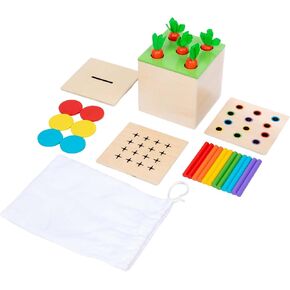 4 in 1 Montessori Play Kit Box - Cotton Swab Board Fine Motor Skills Game,Coin Box, Carrot Harvest Game, Matchstick Color Drop Game – Montessori Toys for Babies 6-12 Months, 1 Year, 2 Year