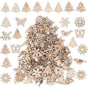 Honbay 100PCS Mini Christmas Tree Unfinished Blank Wood Pieces Wood Slices Wood Chips Wooden Flower Shaped Embellishments Butterfly Birds Wood Cutouts Ornaments for DIY Crafts Home Party Decoration