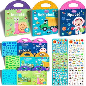 3 Theme Sticker Book,Reusable Sticker Book for Kids 2-4,Washable Stickers for Toddlers 2 3 4 (Space+Vehicles+Insects)，Merry Christmas Party Favors