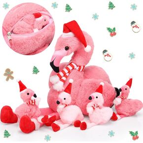 18 Inch Christmas Flamingo Stuffed Animal Toy with 4 Small Christmas Plush Flamingo with Santa Hat Inside Pink Plushie Christmas Plush Decoration for Flamingo Party Decor