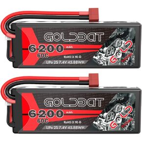 جراب بطارية GOLDBAT 6200 مللي أمبير في الساعة 2S 60C 7.4V RC LiPo مع موصل Deans T لمركبات RC والسيارات والشاحنات Truggy (عبوتان)