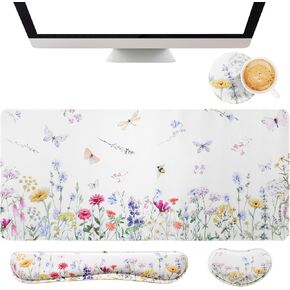Saillong 4 Pcs Wild Flower Large Mouse Pads Set Floral Plant Keyboard Computer Mat White Big Gaming Mouse Pad for Women Coworkers Large Mouse Pad Wrist Rest Desk Pad for Keyboard Mouse