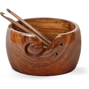 Large Wooden Yarn Bowl | Handmade Knitting Wool Storage Bowl | Yarn Holder Dispenser with Holes to Prevent Slipping and Tangles for Knitting & Crocheting (Brown, Round)