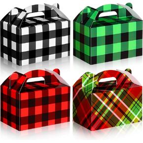 Christmas Treat Boxes, 24 Pieces Plaid Santa Elf Snowman Elk Gingerbread Xmas Cardboard Present Candy Cookie Boxes with Handles, Holiday Party Favor Supplies, 4 Designs (Plaid Style)
