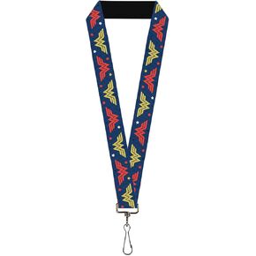 DC Comics Lanyard, Wonder Woman WW Logo Flip and Stars Blue Red Gold, Elastic