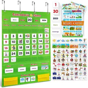 Spanish Calendar and Weather Pocket Chart - Includes 4 Exclusive Posters & 142 Cards - Kids Calendar for Classroom and Homeschooling - Calendario Para Niños by 177 NINTH