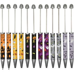 Maydahui 12 PCS Halloween Beadable Ballpoint Pens Retractable Bead Pen DIY Shaft Beaded Pens Pumpkin Bat Skull Ghost Witch Hat Style Metal Black Ink for DIY Making School Party Office Crafting