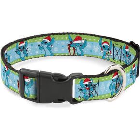 Disney Pet Collar, Dog Collar Plastic Buckle, Lilo and Stitch Holiday Stitch and Scrump Poses Stripe, 8.5 to 12 Inches 0.5 Inch Wide