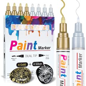 KERIFI Oil Based Paint Markers, 8 Dual Tip Paint Pens Paint Markers,Gold Silver Permanent Paint Markers on Almost Anything, Quick Dry, Waterproof Paint Marker for Rock Metal Plastic Glass Wood Canvas