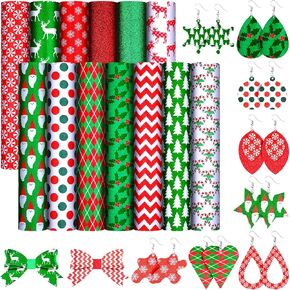 13 Pieces Christmas Faux Leather Sheets 6.3 x 8.3 Inch Green Red White Patterned Leather Fabric Xmas Synthetic Leather Sheets for DIY Crafts Bows Earrings Making Supplies (Animal Style)