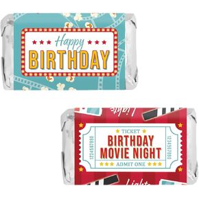 Birthday Movie Night Party Favor Stickers – Miniature Candy Wrappers - Movie-Themed Decorations for Tween Movie Night, Slumber Party, and Movie Marathon Event - 45 Count