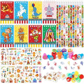 Pasimy 70 Pcs Circus Party Favors Set Carnival Notebook Pencil Clown Stamp Pencil Sharpener Eraser Sticker Circus Animal Party Gift for Circus Birthday Party Baby Shower Decorations Supplies