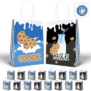 HAPPARTY Milk and Cookie Goodie Gift Handle Bag 16PCS with Stickers 30PCS, Blue Baby Shower Birthday Gender Reveal Party Paper Take Out Treat Candy Bags