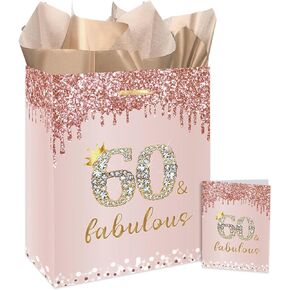 GOLDCROW Rose Gold 60th Birthday Gift Bag for Women with Handles Large Pink Happy 60th Birthday Gift Bag with 60th Birthday Wrapping Paper and Card for 60th Birthday Decorations Party Supplies