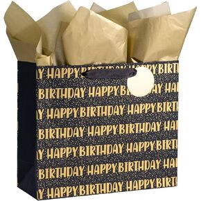 Loveinside Birthday Gift Bag with Tissue Paper, Gift Tag for Birthday, Party, and More - 13" x 5" x 10", 1 Pcs, Black and Gold
