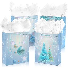 Pineraap 4PCS Large Christmas Gift Bags, Xmas Paper Bags with Handles and Tissue Paper Blue Christmas Bags for Gifts Holiday Gift Bags for Presents Wrapping Party Favors Supplies