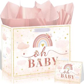 Boho Rainbow Gift Bag Christmas Boho Rainbow 1st Birthday Bag Pink Sweet Baby Girl Gift Bag with Handle Tissue Paper and Card Boho Rainbow Birthday Wrapping Bag for Girls Baby Shower First Birthday Gender Reveal Party Supplies