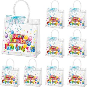 Henoyso 24 Pcs Clear Happy Birthday Gift Bags Plastic Goodie Candy Treat Bags PVC Party Favor Totes with Handles 7.8 x 7.8 x 3.1 Gift Wrap Totes