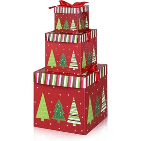 3 Pcs Christmas Nesting Gift Boxes with Lid Nesting Boxes Xmas Boxes for Gifts Red Christmas Tree Gift Wrap Boxes for Christmas Thanksgiving New Year Wrapping Presents and Decorations (Green Trees)