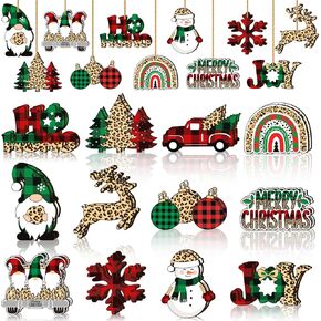 Christmas Wooden Decor Christmas Wooden Snowflake Gnome Snowman Hanging Signs Ornaments Christmas Tree Decoration Signs Wood with Rope for Xmas Party (Vintage Style,24 Pieces)