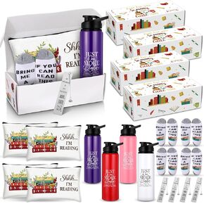 Nuogo 4 Sets Book Lovers Gifts Set Christmas Book Reader Gifts, Include 25 oz Water Tumbler, Canvas Makeup Bag, Unisex Funny Book Sock, Bookmark with Boxes Gift for Librarian Teacher Bookish Bookworm