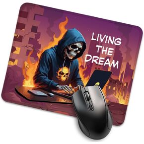 Living The Dream Funny Sarcastic Skeleton Mouse Pad, Work Place Mousepad, Travel Mousepad for Friend Birthday Gifts, Work Mousepad Gifts for Coworker Boss Work Bestie Entrepreneur Employee