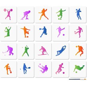MAYJOYDIY 20Pcs Sports Stencils Templates Ball Sports Painting Stencils 5.9x5.9inch Athletic Stencil with Paint Brush Football Badminton Skiing Template for Craft on Window Wood Wall Home Decor