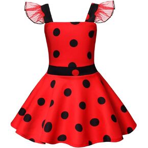 Ladybug Dress for Girls Kids Halloween Costume Polka Dots Flutter Sleeve Birthday Party Dressing up Fancy Dress