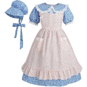 Nuoqi Colonial Costume Girls Prairie Pioneer Dress Laura Ingalls Wilder Costume with Apron