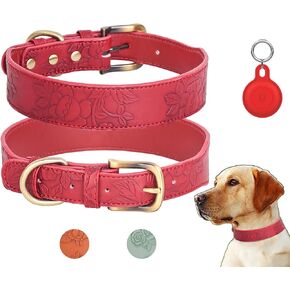 Flower Pattern Faux Leather Dog Collar with Waterproof Airtag Holder Unique Flower Embossing Leather Collar for Small Medium Large Dogs