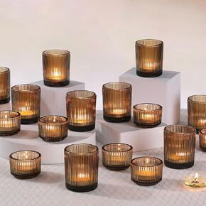 20pcs Ribbed Green Votive Candle Holders, Assorted Tea Light Candle Holder Glass for Wedding Table Decor, Green Candle Holders for Table Centerpieces, Brithday and Tea Party Decorations