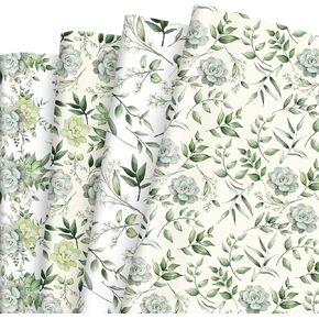 Whaline 8 Sheets Greenery Wrapping Paper - Not Roll - Succulent Gift Wrap Paper Folded Flat Green Leaves Decorative DIY Art Crafts Paper for Wedding Birthday Bridal Shower Party Supplies