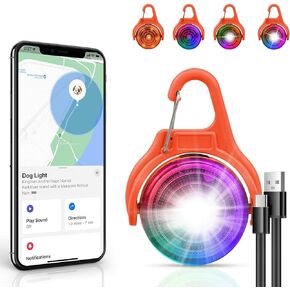 Dog Collar Light, 4 Modes Dog Walking Lights for Night Walking with Integrated Find Me Feature Clip On for iPhone, IP68 Waterproof Rechargeable Safety Light for Running, Cycling, Camping, Orange
