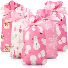 Blosssound 48 Pcs Pink Christmas Party Bags Bulk Snowman Snowflakes Santa Claus Christmas Drawstring Gifts Bags Plastic Xmas Goodie Bags for Winter Holiday Christmas Party Favors Treat Candy Supplies