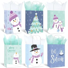 JarThenaAMCS 24Pcs Christmas Paper Gift Bags with 30 Sheet Tissue Paper Blue and Green Xmas Tree Snowman Treat Bags with Handles Small Candy Goodie Bags for Winter Birthday Party Favor Supplies