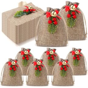 Wesnoy 24 Pcs Christmas Burlap Gift Bags with Drawstring Small Xmas Treat Sacks Holly Berry Linen Wrapping Bags Christmas Candy Bags for Holiday Party Favor Supplies(Plaid Style,Red and Black)