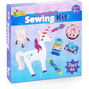 Play Brainy 7 in 1 Sewing Kits for Kids 8-12 - 14 Piece Sewing Kit for Beginners, Creative Arts & Crafts Kids Activity - DIY Make Your Own Pencil Case, Unicorn, & More - Play & Learn Sewing Kit Kids