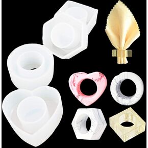 iSuperb 4 PCS Silicone Molds Napkin Rings Hexagon Square Round Heart Shaped Resin Molds for Making Cakes Chocolate Ice Cubes Napkin Bands (4 PCS Napkin Rings Resin Molds)
