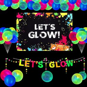 43 Pcs Neon Glow Party Decorations Let's Glow Backdrop Banner Glow in The Dark Party Supplies Neon Paper Garland Circle Dots Hanging Streamers Glow Party Balloons for Kids Birthday Blacklight Party