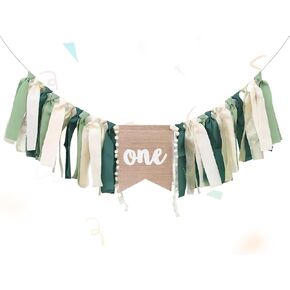 First Birthday Decorations, Highchair Banner with Green Tassel Chair Skirt Decoration, Nature-Inspired and Safari First Birthday Decorations as Photography Prop for Party