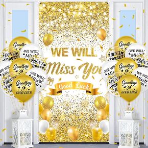 Farewell Party Decorations White Gold We Will Miss You Door Cover Banner and 18Pcs Good Luck Goodbye Balloons for Going Away Retirement Graduation Farewell Anniversary Leaving Party Supplies